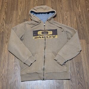 Vtg Y2K Oakley Full Zip Hoodie Tan Bark Logo Black Gray Tag Made In China M E65